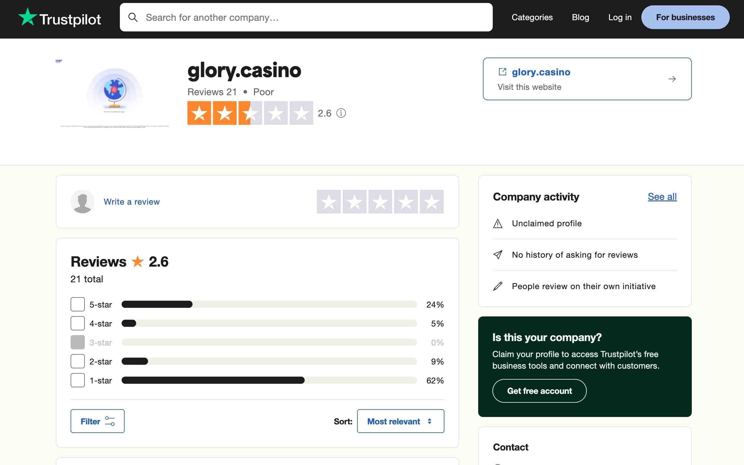 glory casino review trustpilot